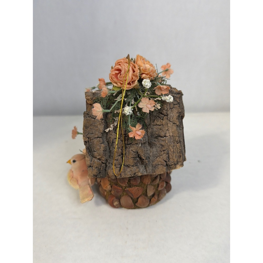 Rustic Bark and Nut Shell Birdhouse Ornament Peach Floral Accents - Picture 2 of 10